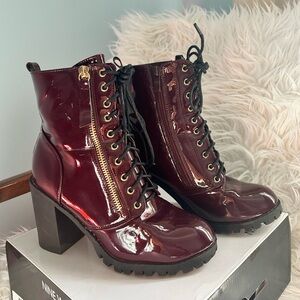 Burgundy Patent Faux Leather Lug Heels